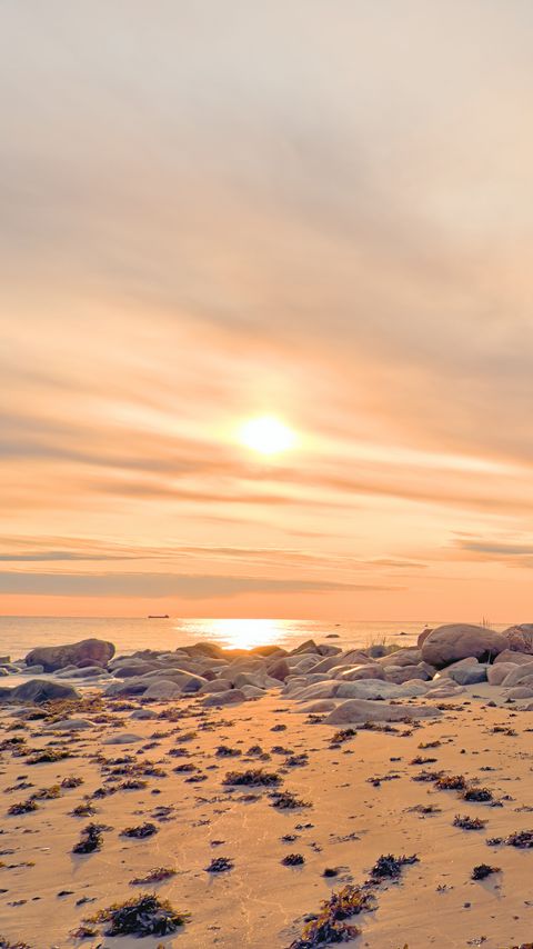 Download wallpaper 2160x3840 beach, stones, sea, sun, sunset samsung galaxy s4, s5, note, sony xperia z, z1, z2, z3, htc one, lenovo vibe hd background