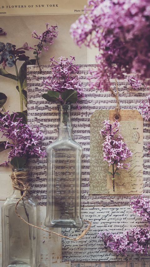 Download wallpaper 2160x3840 bottle, notes, lilac, flowers, aesthetics samsung galaxy s4, s5, note, sony xperia z, z1, z2, z3, htc one, lenovo vibe hd background