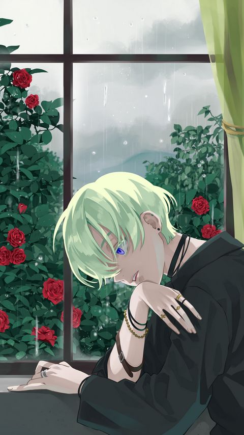 Download wallpaper 2160x3840 boy, glance, window, roses, garden, anime samsung galaxy s4, s5, note, sony xperia z, z1, z2, z3, htc one, lenovo vibe hd background