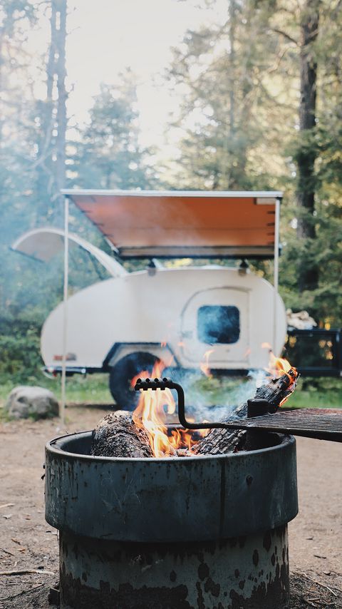 Download wallpaper 2160x3840 brazier, fire, van, forest, trees, nature, camping samsung galaxy s4, s5, note, sony xperia z, z1, z2, z3, htc one, lenovo vibe hd background