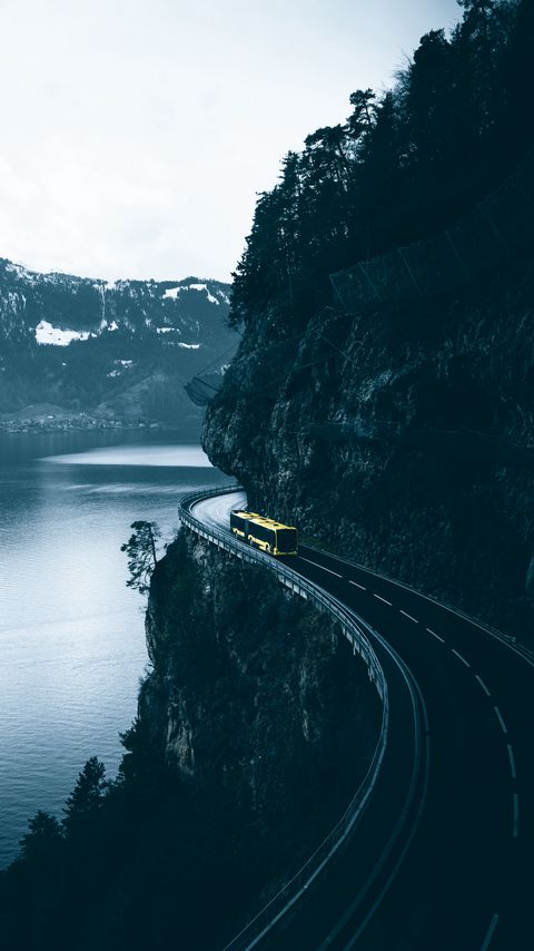 Download wallpaper 2160x3840 bus, road, turn, mountains, lake samsung galaxy s4, s5, note, sony xperia z, z1, z2, z3, htc one, lenovo vibe hd background