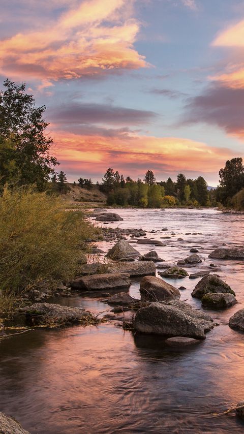 Download wallpaper 2160x3840 coast, river, stones, sunset, nature, landscape samsung galaxy s4, s5, note, sony xperia z, z1, z2, z3, htc one, lenovo vibe hd background