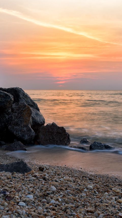 Download wallpaper 2160x3840 coast, rocks, sea, water, waves, sunset samsung galaxy s4, s5, note, sony xperia z, z1, z2, z3, htc one, lenovo vibe hd background