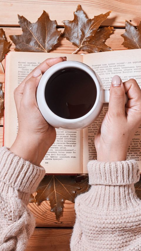 Download wallpaper 2160x3840 coffee, drink, cup, hands, book, autumn, cozy samsung galaxy s4, s5, note, sony xperia z, z1, z2, z3, htc one, lenovo vibe hd background