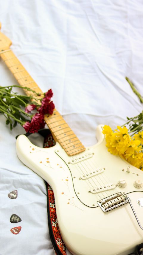 Download wallpaper 2160x3840 electric guitar, guitar, music, flowers, white samsung galaxy s4, s5, note, sony xperia z, z1, z2, z3, htc one, lenovo vibe hd background