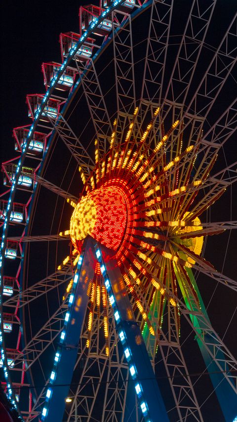 Download wallpaper 2160x3840 ferris wheel, attraction, booths, backlights samsung galaxy s4, s5, note, sony xperia z, z1, z2, z3, htc one, lenovo vibe hd background