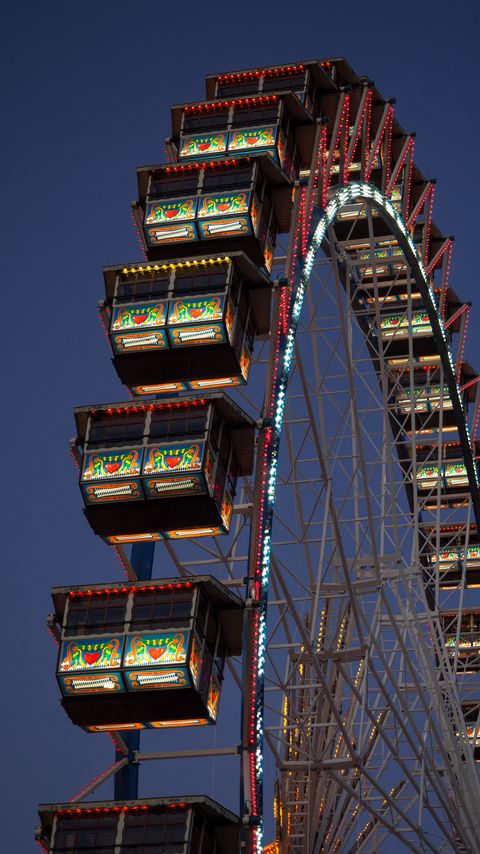 Download wallpaper 2160x3840 ferris wheel, booths, attraction, lights, twilight samsung galaxy s4, s5, note, sony xperia z, z1, z2, z3, htc one, lenovo vibe hd background