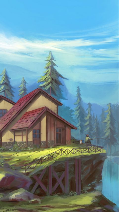 Download wallpaper 2160x3840 fisherman, cliff, house, art samsung galaxy s4, s5, note, sony xperia z, z1, z2, z3, htc one, lenovo vibe hd background