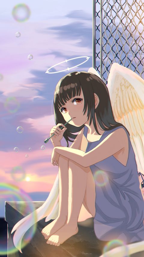 Download wallpaper 2160x3840 girl, angel, halo, wings, bubbles, anime samsung galaxy s4, s5, note, sony xperia z, z1, z2, z3, htc one, lenovo vibe hd background