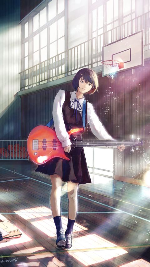 Download wallpaper 2160x3840 girl, bass guitar, guitar, smile, anime samsung galaxy s4, s5, note, sony xperia z, z1, z2, z3, htc one, lenovo vibe hd background