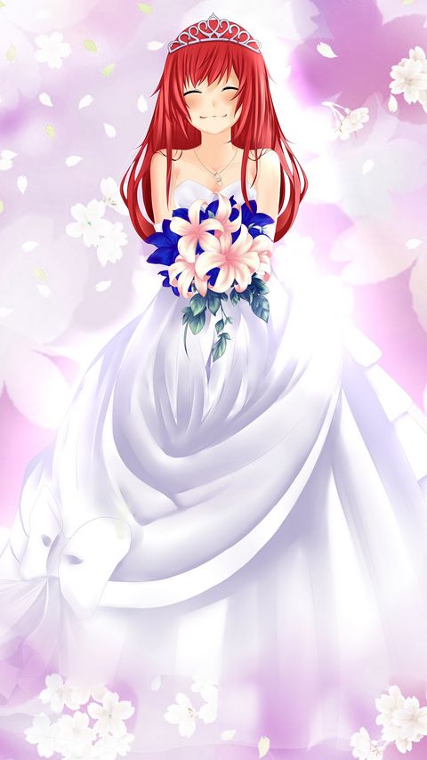 Download wallpaper 2160x3840 girl, bride, smile, bouquet, anime, art samsung galaxy s4, s5, note, sony xperia z, z1, z2, z3, htc one, lenovo vibe hd background