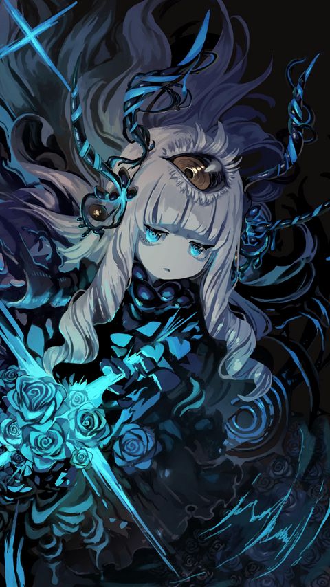 Download wallpaper 2160x3840 girl, demon, eye, anime, art, blue samsung galaxy s4, s5, note, sony xperia z, z1, z2, z3, htc one, lenovo vibe hd background