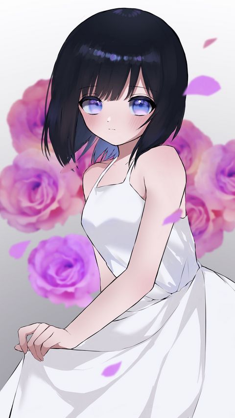 Download wallpaper 2160x3840 girl, dress, flowers, petals, glance, anime, art, cartoon samsung galaxy s4, s5, note, sony xperia z, z1, z2, z3, htc one, lenovo vibe hd background