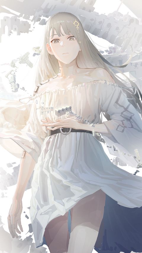 Download wallpaper 2160x3840 girl, dress, ruins, anime, white samsung galaxy s4, s5, note, sony xperia z, z1, z2, z3, htc one, lenovo vibe hd background