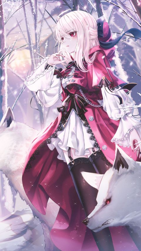 Download wallpaper 2160x3840 girl, dress, wolves, winter, anime, art samsung galaxy s4, s5, note, sony xperia z, z1, z2, z3, htc one, lenovo vibe hd background