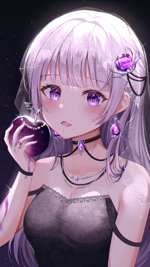 Download wallpaper 2160x3840 girl, glance, apple, anime, art, purple samsung galaxy s4, s5, note, sony xperia z, z1, z2, z3, htc one, lenovo vibe hd background