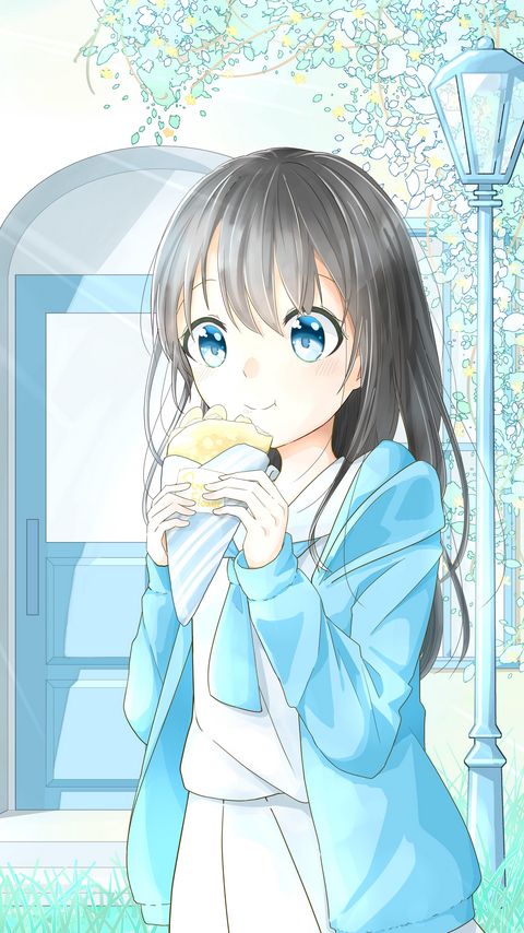 Download wallpaper 2160x3840 girl, glance, dessert, anime, art, light samsung galaxy s4, s5, note, sony xperia z, z1, z2, z3, htc one, lenovo vibe hd background