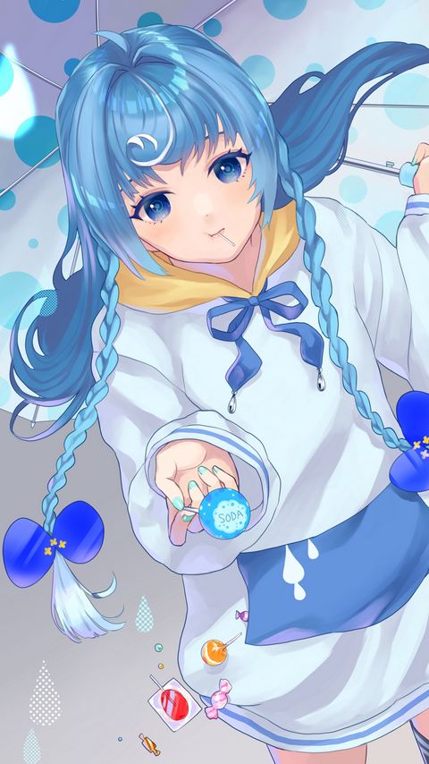 Download wallpaper 2160x3840 girl, glance, lollipop, anime, art, blue samsung galaxy s4, s5, note, sony xperia z, z1, z2, z3, htc one, lenovo vibe hd background