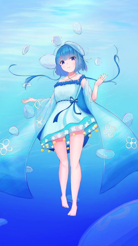 Download wallpaper 2160x3840 girl, jellyfish, water, underwater, blue, anime samsung galaxy s4, s5, note, sony xperia z, z1, z2, z3, htc one, lenovo vibe hd background