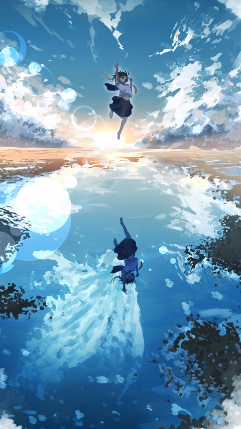 Download wallpaper 2160x3840 girl, jump, water, reflection, clouds, anime, art samsung galaxy s4, s5, note, sony xperia z, z1, z2, z3, htc one, lenovo vibe hd background