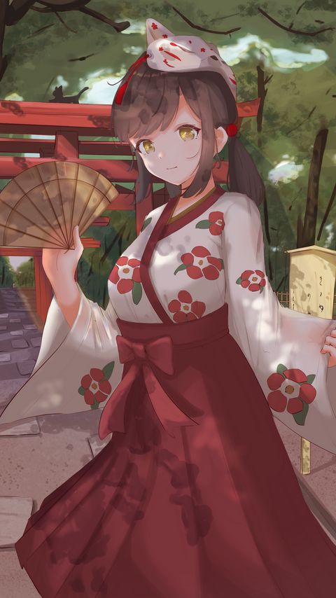 Download wallpaper 2160x3840 girl, kimono, fan, mask, anime, art samsung galaxy s4, s5, note, sony xperia z, z1, z2, z3, htc one, lenovo vibe hd background