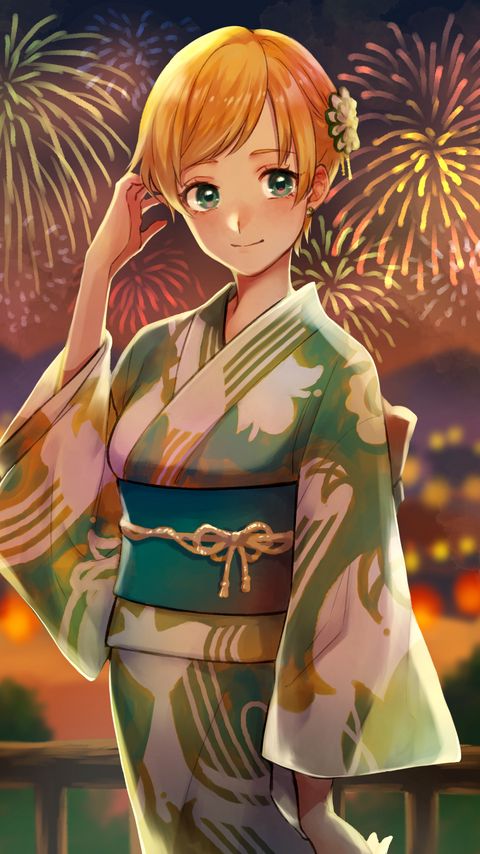 Download wallpaper 2160x3840 girl, kimono, fireworks, holiday, anime, art samsung galaxy s4, s5, note, sony xperia z, z1, z2, z3, htc one, lenovo vibe hd background