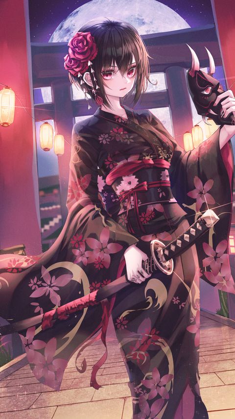 Download wallpaper 2160x3840 girl, kimono, katana, mask, anime, japan samsung galaxy s4, s5, note, sony xperia z, z1, z2, z3, htc one, lenovo vibe hd background