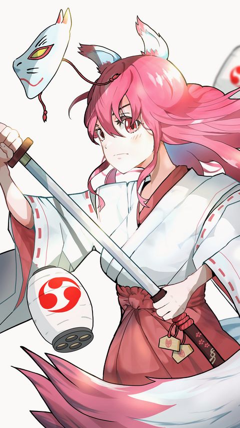 Download wallpaper 2160x3840 girl, kimono, mask, katana, warrior, anime samsung galaxy s4, s5, note, sony xperia z, z1, z2, z3, htc one, lenovo vibe hd background