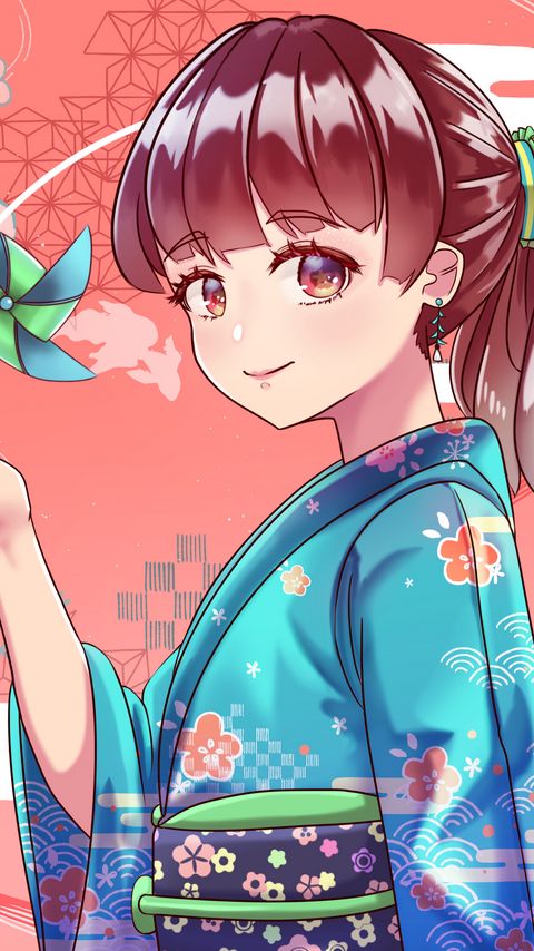 Download wallpaper 2160x3840 girl, kimono, smile, glance, anime samsung galaxy s4, s5, note, sony xperia z, z1, z2, z3, htc one, lenovo vibe hd background