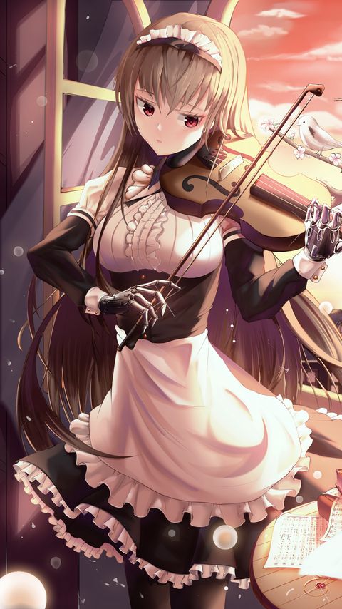 Download wallpaper 2160x3840 girl, maid, violin, birds, anime, art samsung galaxy s4, s5, note, sony xperia z, z1, z2, z3, htc one, lenovo vibe hd background