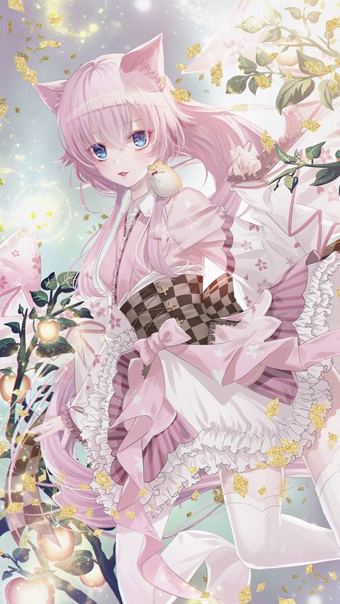 Download wallpaper 2160x3840 girl, neko, kimono, anime, art, pink samsung galaxy s4, s5, note, sony xperia z, z1, z2, z3, htc one, lenovo vibe hd background