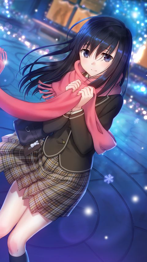 Download wallpaper 2160x3840 girl, scarf, snowflakes, anime, art samsung galaxy s4, s5, note, sony xperia z, z1, z2, z3, htc one, lenovo vibe hd background