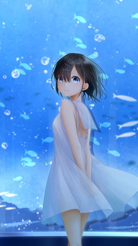 Download wallpaper 2160x3840 girl, smile, aquarium, fish, anime, art, blue samsung galaxy s4, s5, note, sony xperia z, z1, z2, z3, htc one, lenovo vibe hd background