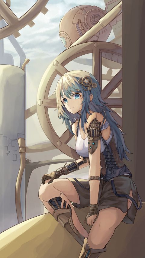 Download wallpaper 2160x3840 girl, smile, cyborg, steampunk, anime, art samsung galaxy s4, s5, note, sony xperia z, z1, z2, z3, htc one, lenovo vibe hd background