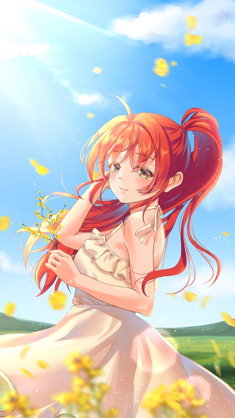 Download wallpaper 2160x3840 girl, smile, flowers, field, anime, art samsung galaxy s4, s5, note, sony xperia z, z1, z2, z3, htc one, lenovo vibe hd background