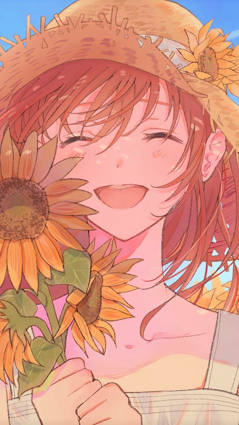 Download wallpaper 2160x3840 girl, smile, hat, sunflowers, anime samsung galaxy s4, s5, note, sony xperia z, z1, z2, z3, htc one, lenovo vibe hd background