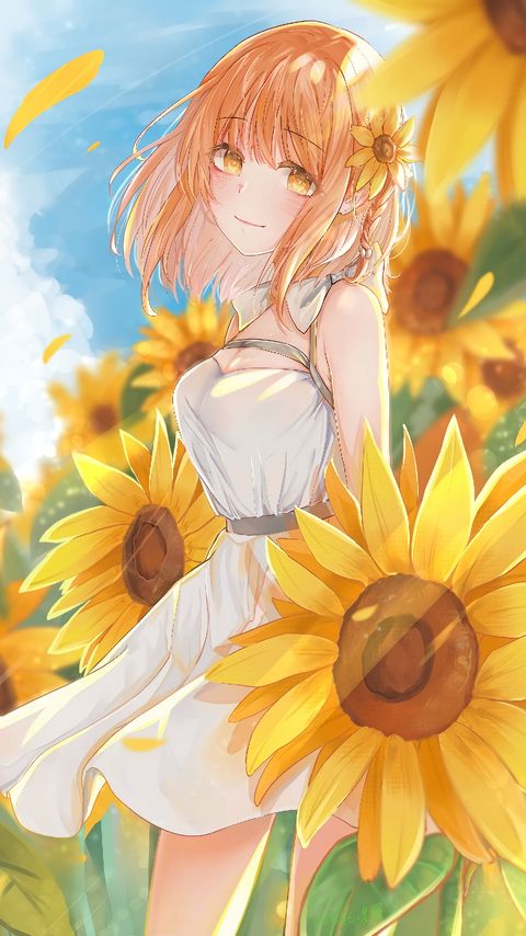 Download wallpaper 2160x3840 girl, sunflowers, flowers, field, anime samsung galaxy s4, s5, note, sony xperia z, z1, z2, z3, htc one, lenovo vibe hd background