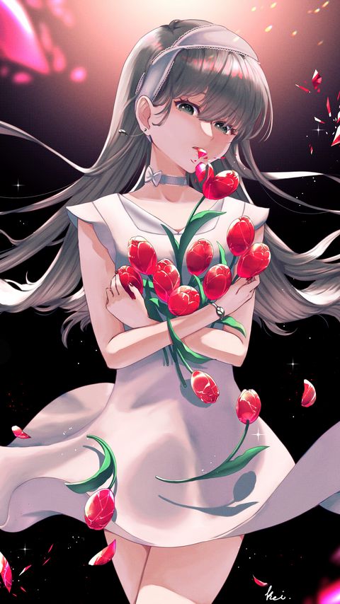 Download wallpaper 2160x3840 girl, tulips, flowers, bouquet, anime, art samsung galaxy s4, s5, note, sony xperia z, z1, z2, z3, htc one, lenovo vibe hd background