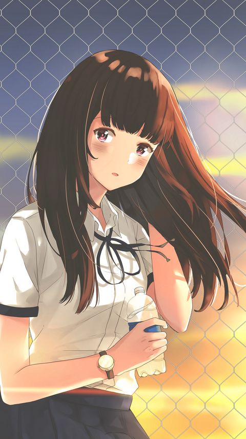 Download wallpaper 2160x3840 girl, uniform, fence, mesh, anime samsung galaxy s4, s5, note, sony xperia z, z1, z2, z3, htc one, lenovo vibe hd background