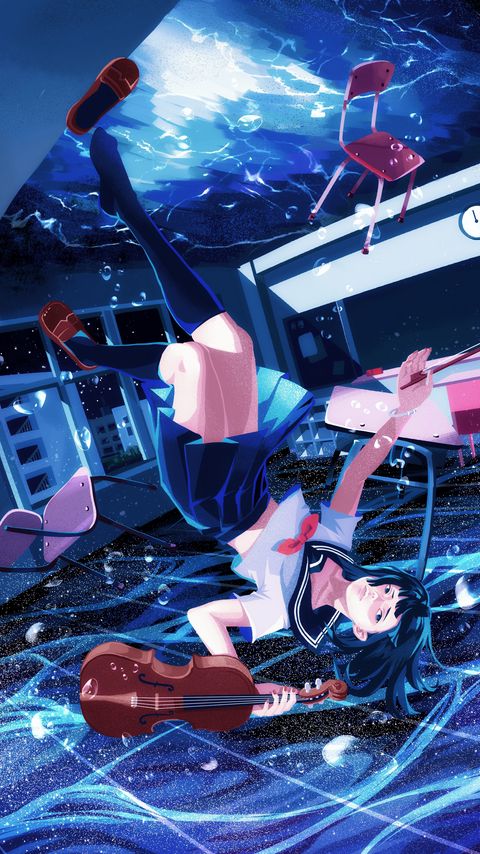 Download wallpaper 2160x3840 girl, violin, underwater, anime, art, blue samsung galaxy s4, s5, note, sony xperia z, z1, z2, z3, htc one, lenovo vibe hd background