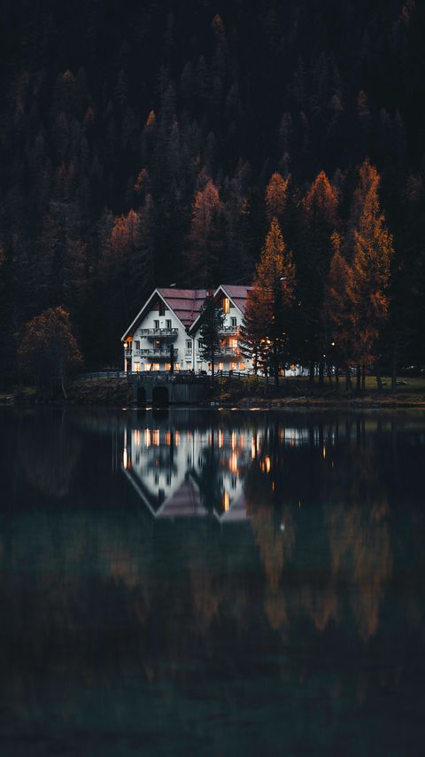 Download wallpaper 2160x3840 houses, forest, trees, lake, reflections, landscape samsung galaxy s4, s5, note, sony xperia z, z1, z2, z3, htc one, lenovo vibe hd background