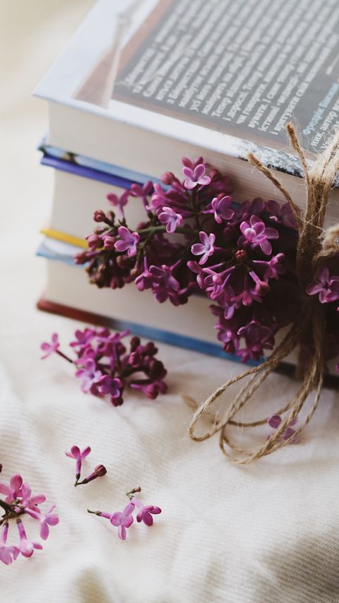 Download wallpaper 2160x3840 lilac, flowers, books, reading, aesthetics samsung galaxy s4, s5, note, sony xperia z, z1, z2, z3, htc one, lenovo vibe hd background