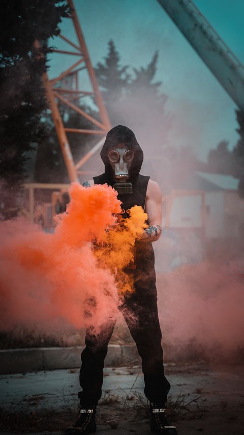 Download wallpaper 2160x3840 man, gas mask, mask, smoke, orange samsung galaxy s4, s5, note, sony xperia z, z1, z2, z3, htc one, lenovo vibe hd background