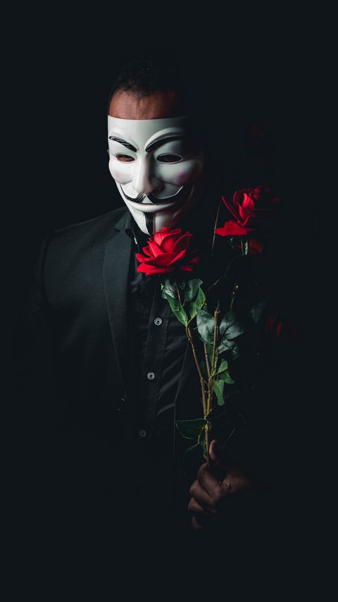 Download wallpaper 2160x3840 man, mask, anonymous, roses, flowers, bouquet samsung galaxy s4, s5, note, sony xperia z, z1, z2, z3, htc one, lenovo vibe hd background