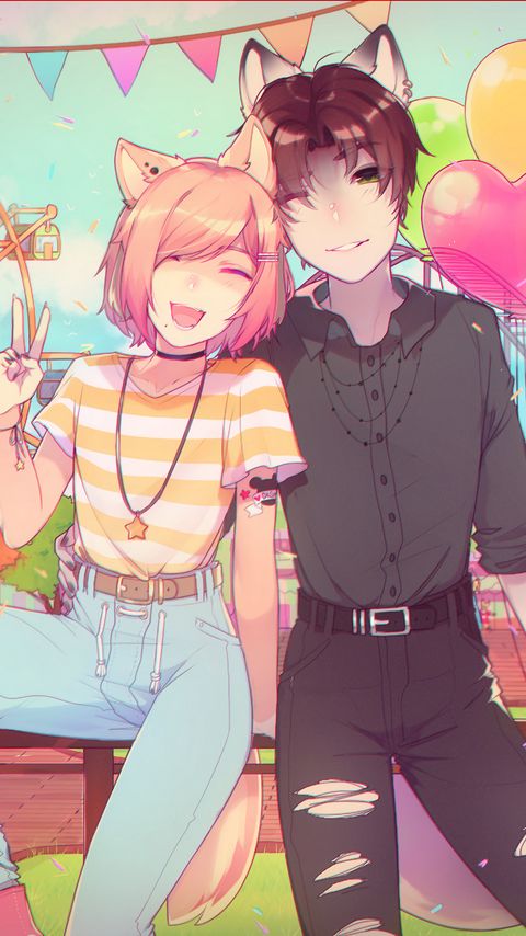 Download wallpaper 2160x3840 neko, couple, smile, amusement park, happy, anime samsung galaxy s4, s5, note, sony xperia z, z1, z2, z3, htc one, lenovo vibe hd background