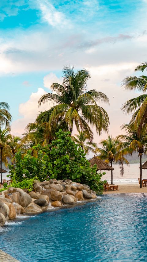 Download wallpaper 2160x3840 palms, trees, pool, beach, sea, summer samsung galaxy s4, s5, note, sony xperia z, z1, z2, z3, htc one, lenovo vibe hd background