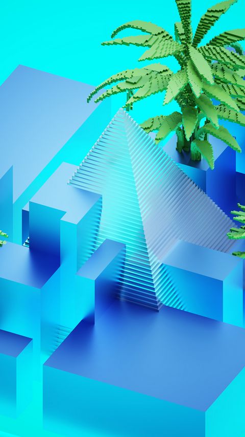 Download wallpaper 2160x3840 pyramid, palm trees, figures, 3d samsung galaxy s4, s5, note, sony xperia z, z1, z2, z3, htc one, lenovo vibe hd background