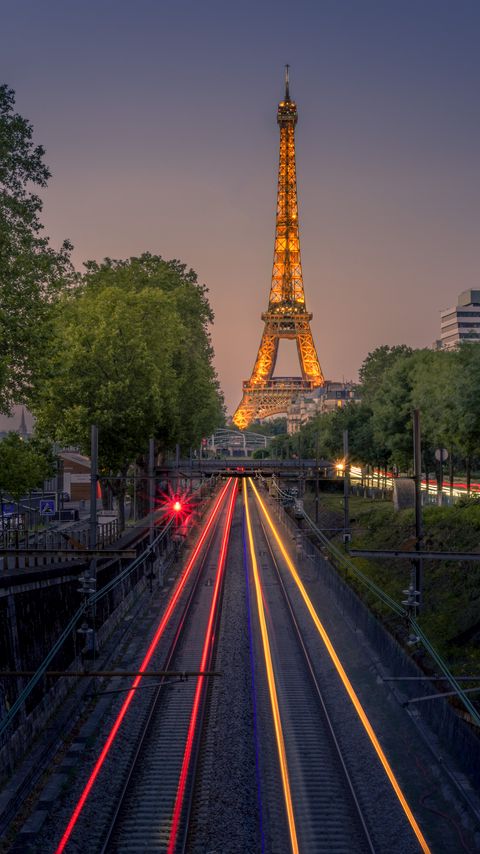 Download wallpaper 2160x3840 railroad, lights, long exposure, eiffel tower, paris samsung galaxy s4, s5, note, sony xperia z, z1, z2, z3, htc one, lenovo vibe hd background