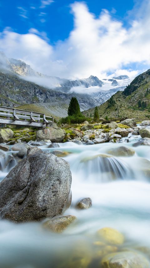 Download wallpaper 2160x3840 river, mountains, stones, water, nature, landscape samsung galaxy s4, s5, note, sony xperia z, z1, z2, z3, htc one, lenovo vibe hd background