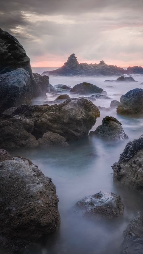 Download wallpaper 2160x3840 rocks, stones, ocean, fog, landscape samsung galaxy s4, s5, note, sony xperia z, z1, z2, z3, htc one, lenovo vibe hd background